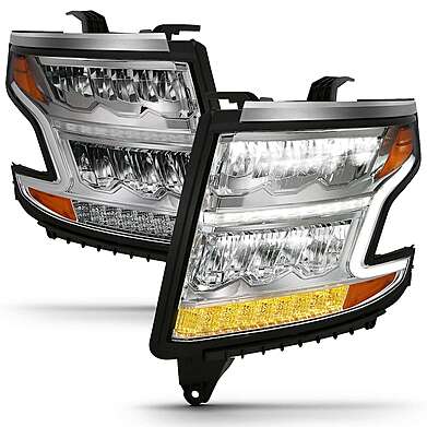 CHEVY TAHOE/SUBURBAN 2015-2020 LED CRYSTAL PLANK STYLE HEADLIGHT CHROME W/ SEQUENTIAL SIGNAL