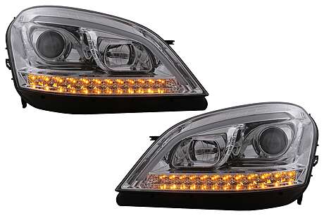 LED Tube Light Headlights suitable for Mercedes M-Class W164 ML (2005-2007) Chrome with Dynamic Sequential Turning Light