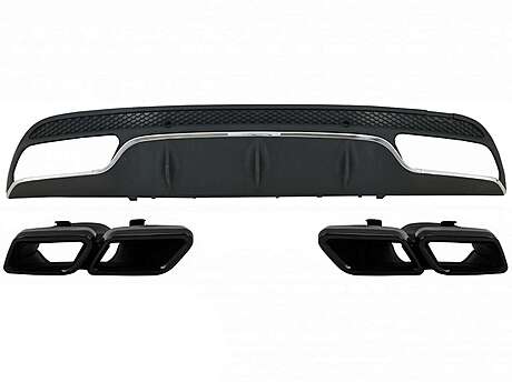 Rear Bumper Diffuser suitable for Mercedes C-Class W205 S205 (2014-2020) C63 Design with Black Exhaust Muffler Tips Only for Sport Package