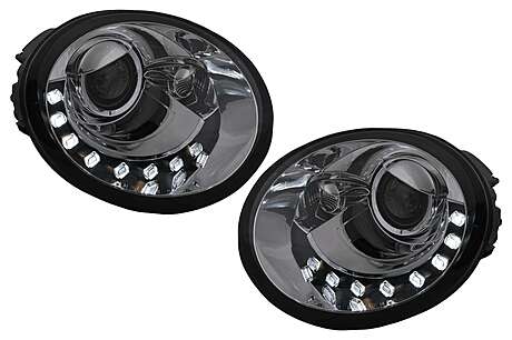 LED DRL Headlights suitable for VW New Beetle HatchBack Cabrio (10.1998-05.2005) Chrome Clear Lens