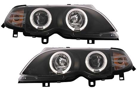 LED Angel Eyes Headlights suitable for BMW 3 Series E46 Facelift Limousine Touring (2001-2005) Black
