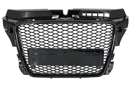 Badgeless Front Grille suitable for Audi A3 8P Facelift (2007-2012) RS Design Honeycomb Piano Black Grille With PDC Covers