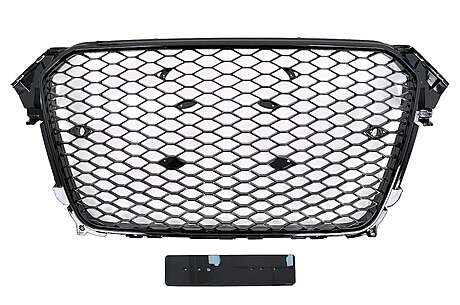 Badgeless Front Grille suitable for Audi A4 B8 Facelift (2012-2015) RS Design Honeycomb Piano Black With PDC