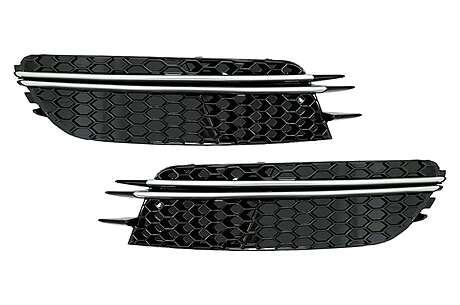 Bumper Side Grilles Covers suitable for Audi A6 C7 4G (2012-2015) RS Design Black with Brushed Aluminium Insertions