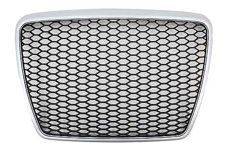 Badgeless Front Grille suitable for Audi A6 4F C6 (2004-2011) Honeycomb RS Design Silver Border